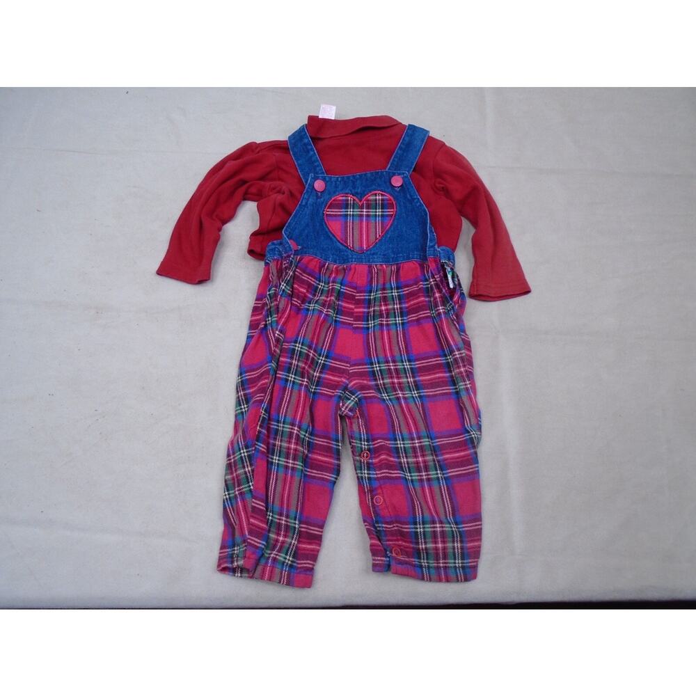 Vintage Girls Baby Liberty Overalls Denim Plaid Embroidered Heart Red Size 12M